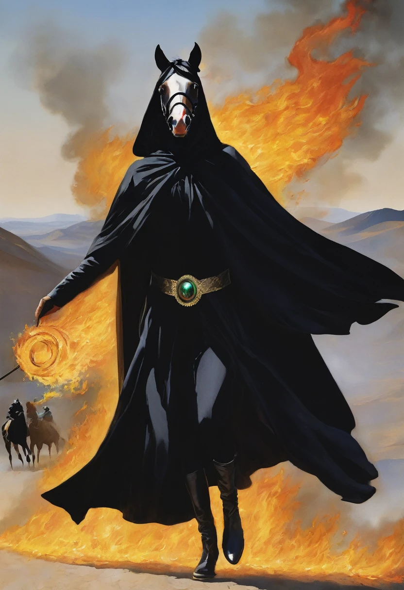 Person in a black cape and burning eye mask with a horse