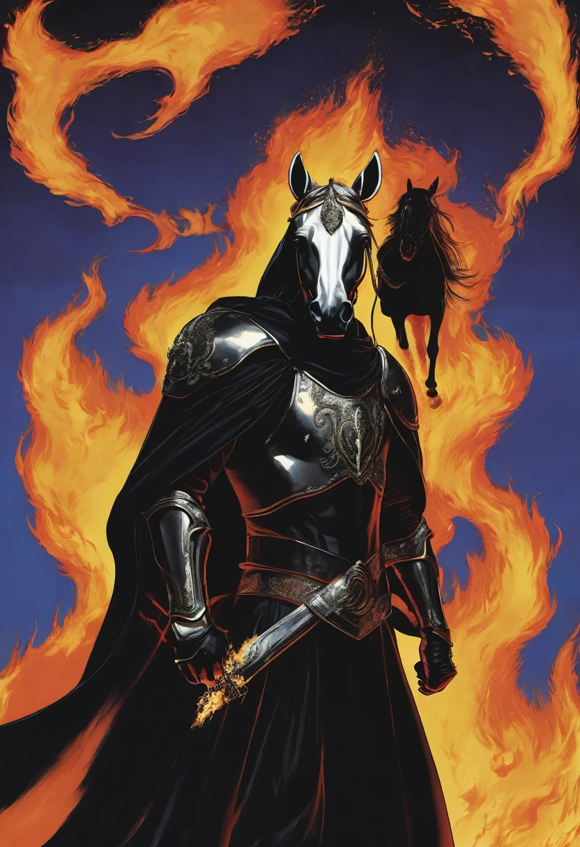 Person in a black cape and burning eye mask with a horse