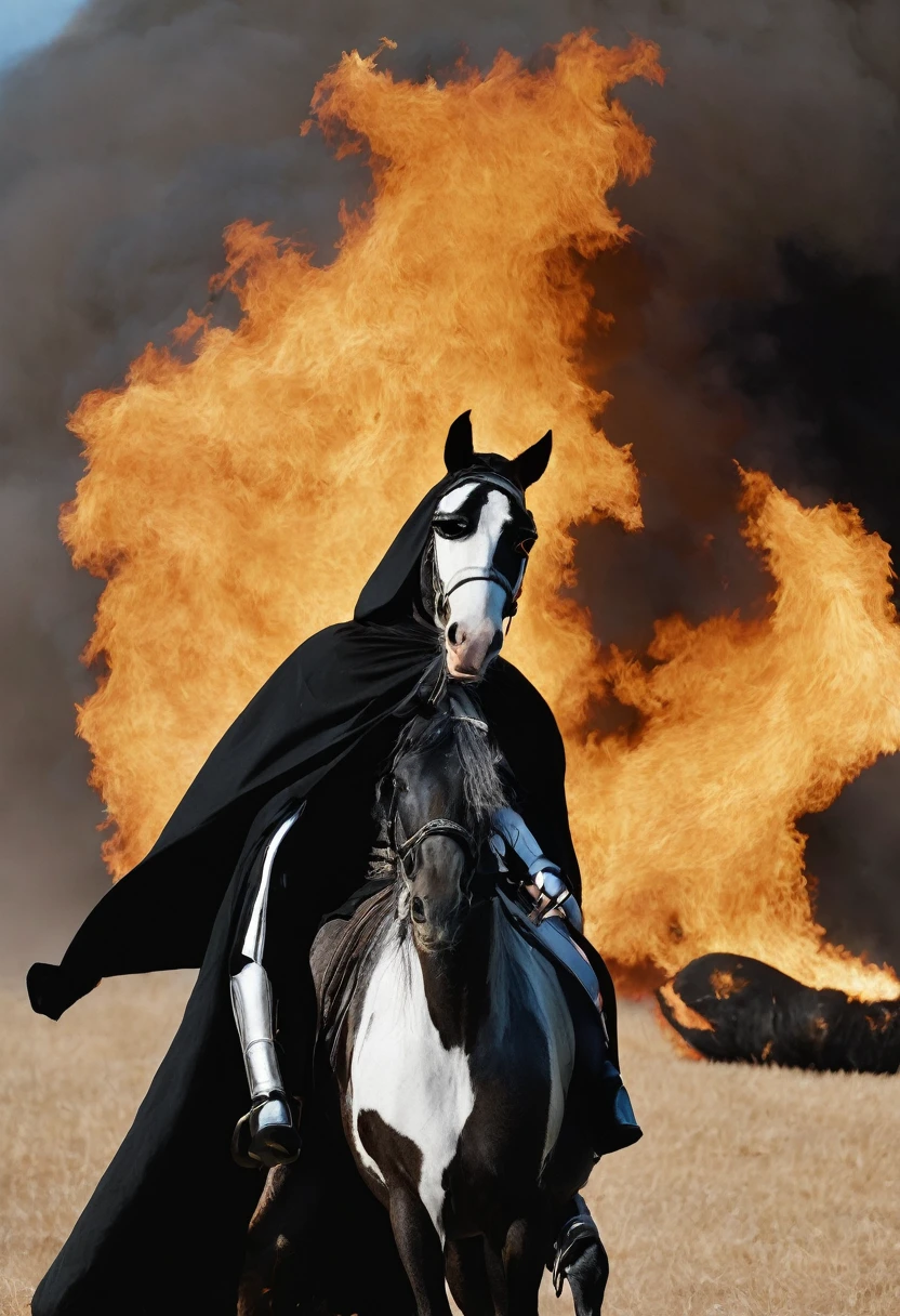 Person in a black cape and burning eye mask with a horse