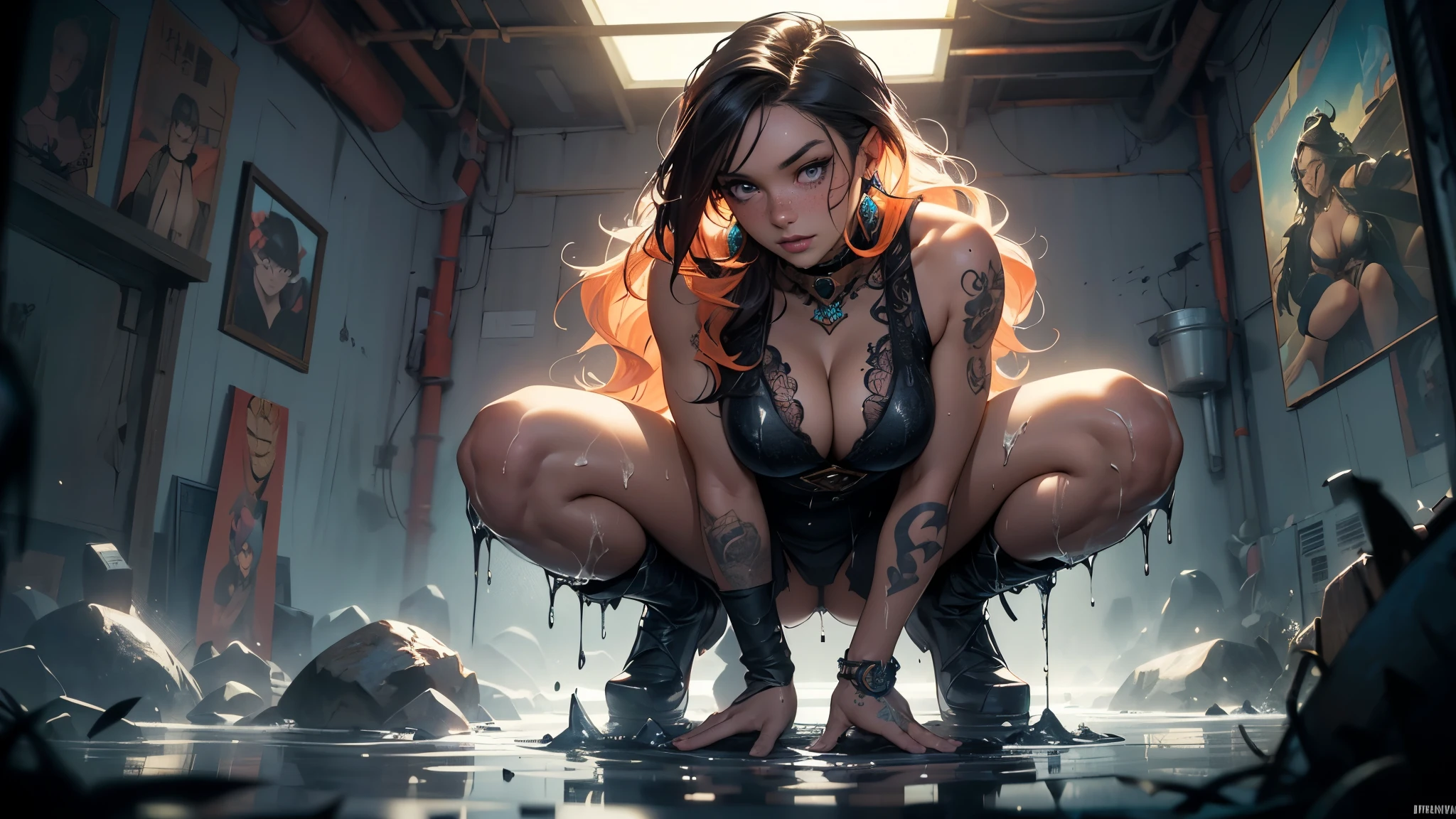 full body portraite of a beautiful woman, squatting with legs open, ((perfect female face)), (+long colorful wavy hair), (sheen freckles), sheen, wearing a dress, intricate, 8K, highy detailed, volumetric lighting, digitalpainting, concentrated, Spitz, focusing,character design concept art, (darkskin:1.3), evil, (regal), monarch,athletic body, ((tatuados)), (((breasts big))), (cleavage burst:1.3), (((big-ass))),strong legs, ((soggy)), Magnificent, chic, (dreds:0.9), high fantasy, portraite, perfect rendered face, perfect face details, grim, medium shot,lifelike face, photo realist, analog style, boyfriend, work of art, best qualityer, ((intricate detail)), high resolution, ((withdrew)), cinematic lighting, (((真实感))) by Richard Corben, por Miles Aldridge, por John Atkinson Grimshaw, art by artgerm and rutkowski and alphonse mucha, CG Society