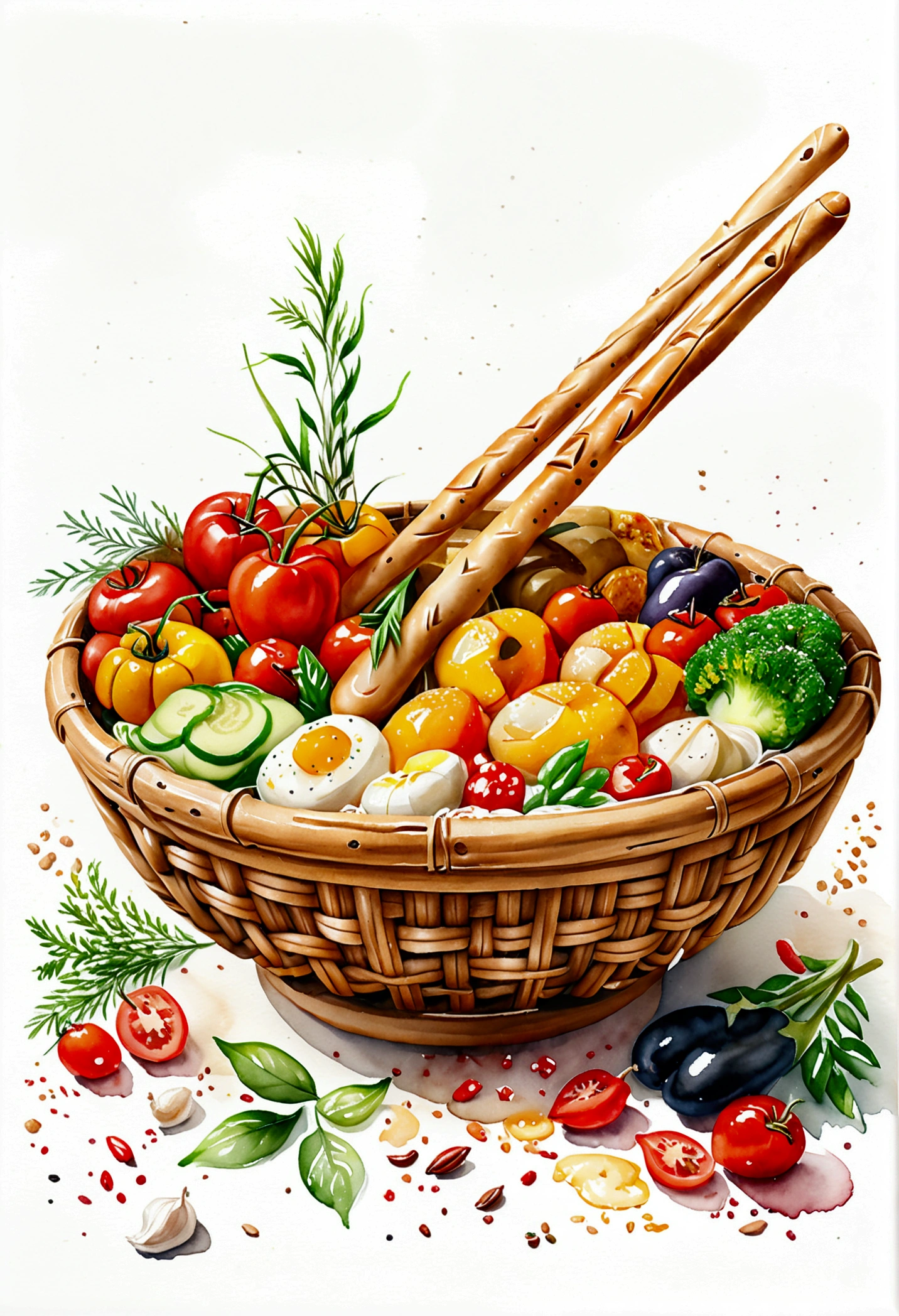 a wooden rattan bowl full of vegetarian food, illustration, baking ingredients, isolated with solid white background, surrounded with negative space, centered composition, 8k, highest detailed painting, very precise painting, Isolated, clear solid white background, perspective angle of view, cartoon style, ((watercolor:1)), clip art, (lora:add-detail-xl:1), (masterpiece), (best quality), no bread on the floor,
