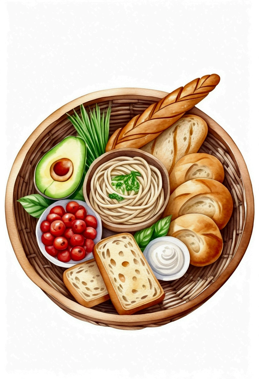 a wooden rattan bowl full of vegetarian food, illustration, baking ingredients, isolated with solid white background, surrounded with negative space, centered composition, 8k, highest detailed painting, very precise painting, Isolated, clear solid white background, perspective angle of view, cartoon style, ((watercolor:1)), clip art, (lora:add-detail-xl:1), (masterpiece), (best quality), no bread on the floor,