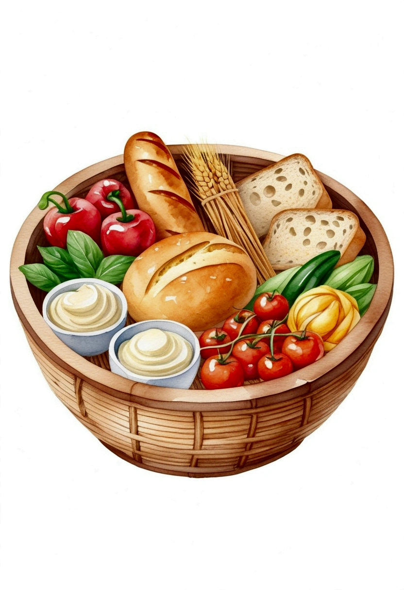 a wooden rattan bowl full of vegetarian food, illustration, baking ingredients, isolated with solid white background, surrounded with negative space, centered composition, 8k, highest detailed painting, very precise painting, Isolated, clear solid white background, perspective angle of view, cartoon style, ((watercolor:1)), clip art, (lora:add-detail-xl:1), (masterpiece), (best quality), no bread on the floor,