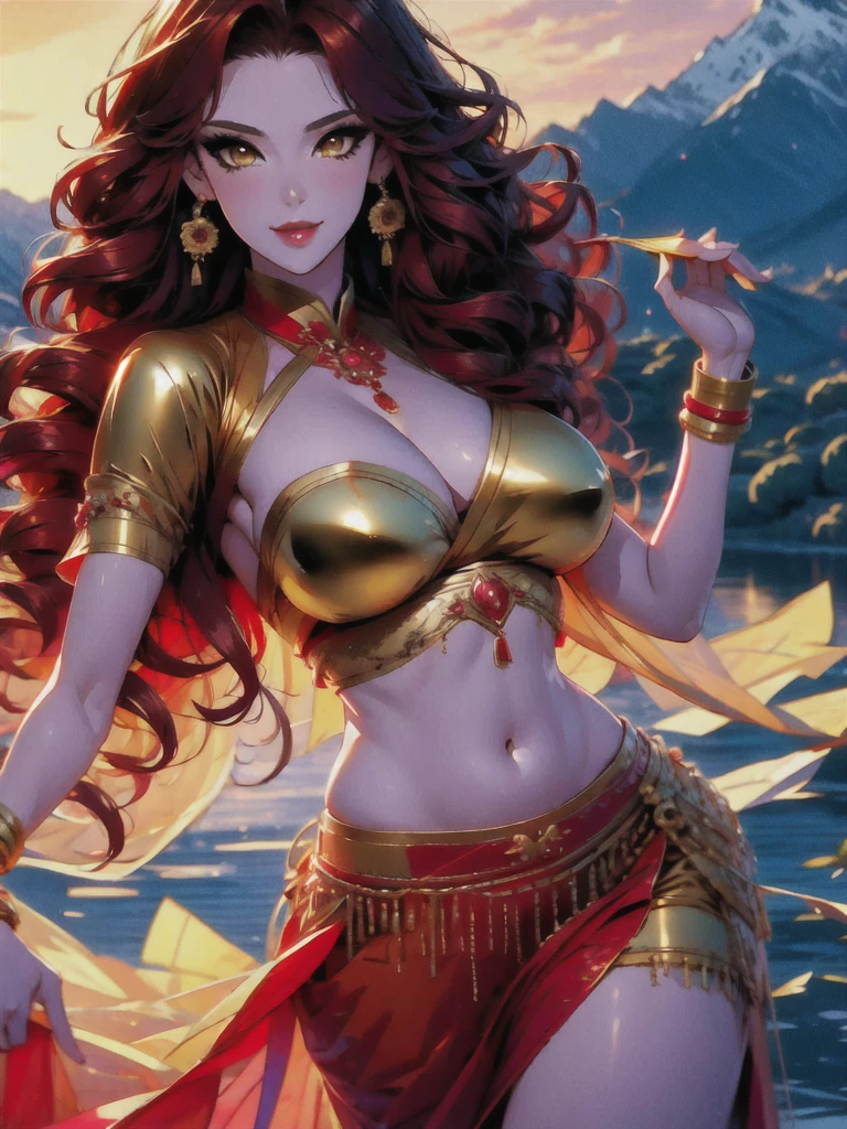 (masterpiece, best quality: 1.2), 1 female, solo, dancing alone, Xian Mei, beautiful golden eyes, detailed eyes, beautiful eyes, long red curly hair, detailed face, beautiful face, jewelry, perfect anatomy, perfect body , traditional belly dance dress , medieval China, sexy, hot, shapely breasts, beautiful breasts, beautiful background, belly dance, dance, beautiful dance, mountains in the background, sharp picture, clear picture, HD resolution, quality,