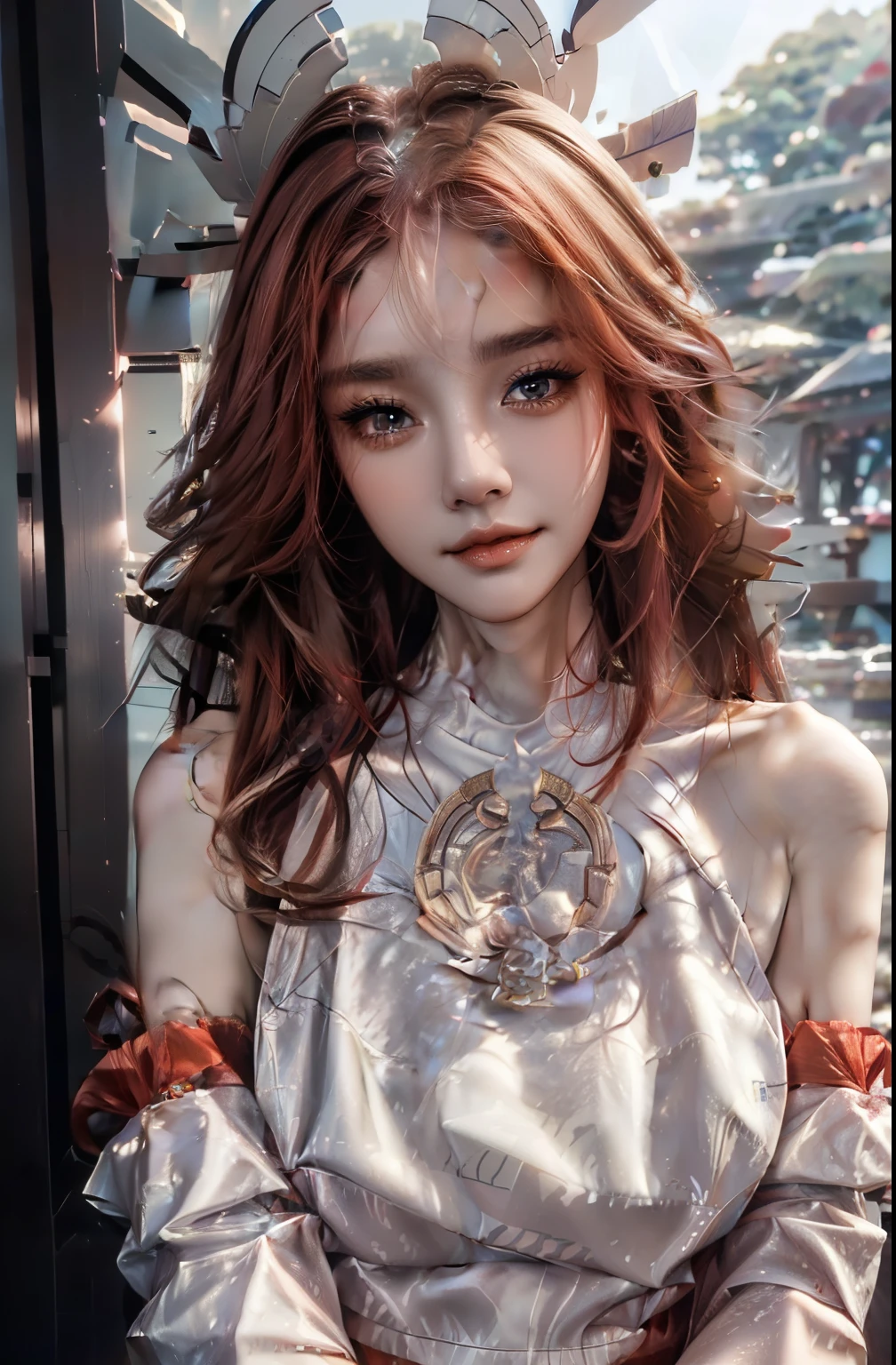 ((best quality)), ((masterpiece)), (detailed), perfect face, pretty face, beautiful female, beautiful body, blouse, apron, mini skirt, perfect body, in the park, head accessories, ears accessories, yae miko, ((perfect body)), 