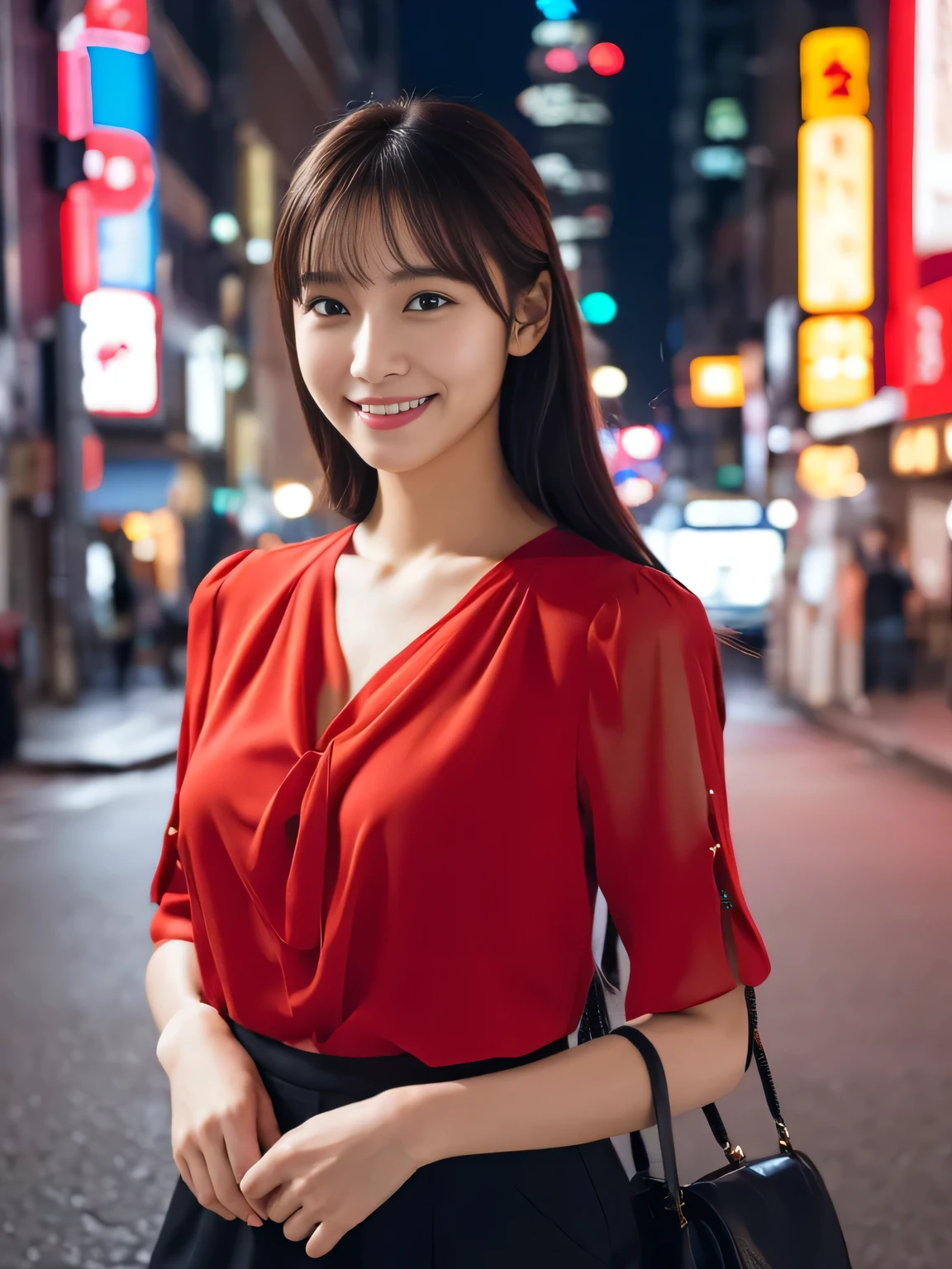 1 girl, (wearing a red blouse:1.2), Beautiful Japan actress,
(RAW photo, highest quality), (realistic, Photoreal:1.4), masterpiece,
very delicate and beautiful, very detailed, 2k wallpaper, wonderful,
finely, Very detailed CG Unity 8K 壁紙, super detailed, High resolution,
soft light, beautiful detailed girl, very detailed目と顔, beautifully detailed nose, beautiful and fine eyes, long hair, normal size cheist,
cinematic lighting, Against the backdrop of the cityscape at night, city lights, perfect anatomy, slender body, smile, Random body orientation,