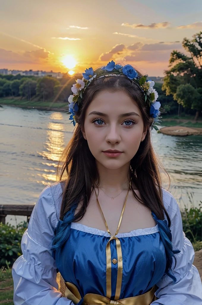 20 year old woman in Ukrainian costume Corolla wreath wearing wreath on head Blue eyes River and blue sky in background Afternoon light sunset realistic illustration