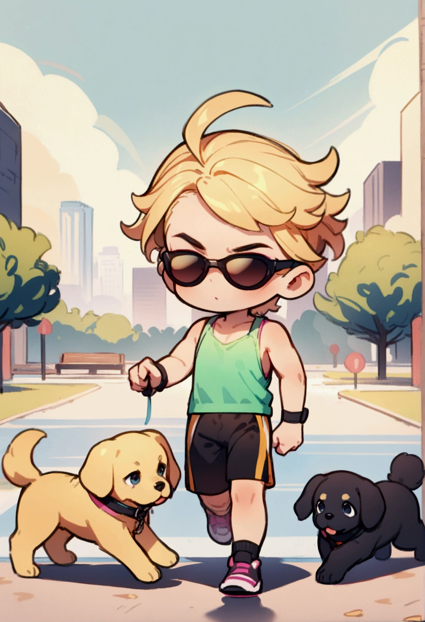 chibi style, best quality, masterpiece, 8K, HD, young man, wearing neon colored sports tank top and tight booty shorts, wearing sunglasses, jogging while holding two energetic dogs which are a black puppy and a golden retriever puppy in front of him on leashes, in a park, modern city in the background, front view, full body, zoomed out, vibrant colors, highly detailed