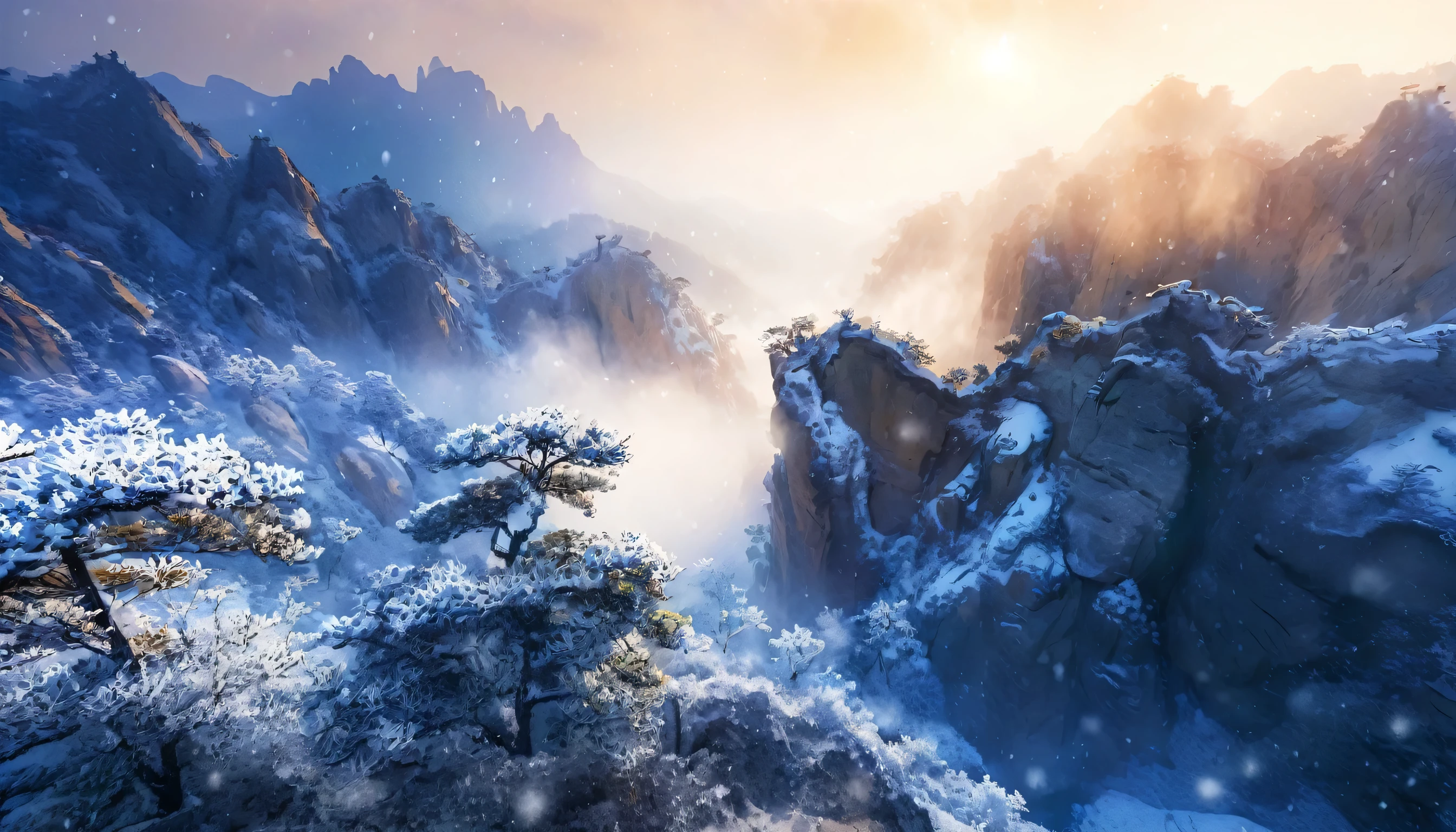 Scenery photography, Northern China Landscape, Amazing Taihang Mountain winter landscape, Taihang Mountain, snow, Big Snowflake, Shot with a Hasselblad camera, Prime Time, National Geographic Style, Award-winning photography, masterpiece, 4K, Ultra HD