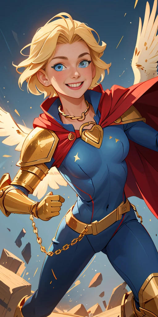 Young female, blonde with short hair, with big, bright blue eyes, wearing a blue costume, defined chest, wearing a golden shoulder pad in the shape of an eagle, with a golden chain running across his chest holding a red cape Smiling with blood splash on face and clothes