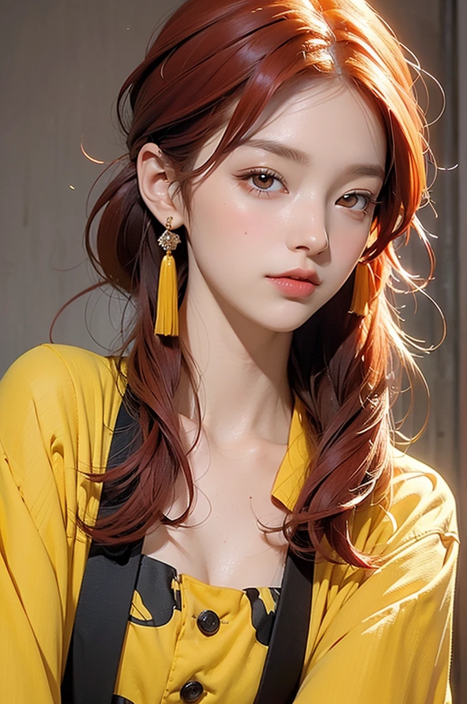 ((wallpaper 8k)), ((High Detail)), ((masterpiece)), ((best quality:1.2)), ((Human Development Report)), ((absurd)), 1 Girl, Red hair, Yellow eyes, Upper Body, portrait