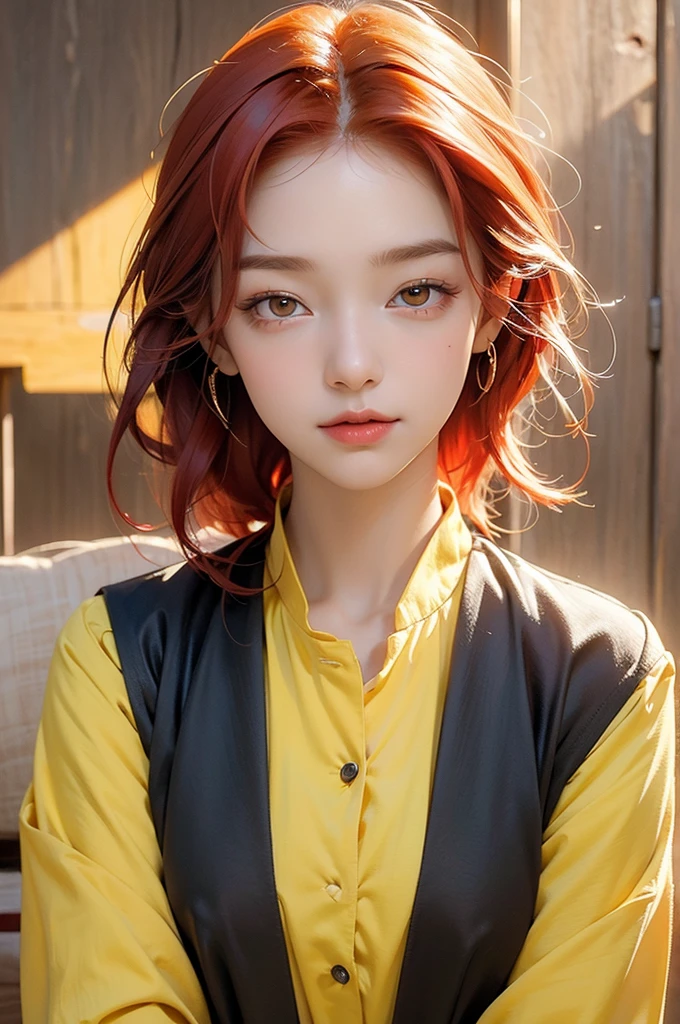 ((wallpaper 8k)), ((High Detail)), ((masterpiece)), ((best quality:1.2)), ((Human Development Report)), ((absurd)), 1 Girl, Red hair, Yellow eyes, Upper Body, portrait