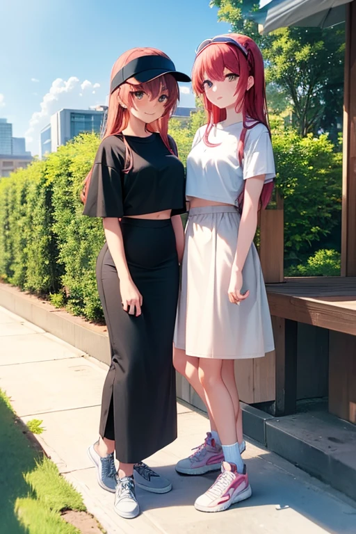 best quality, 2girl, two women walking together, wearing t-shirt and crop top, black midi pencil skirt, long skirt, sneakers, socks, outdoors, garden, summer, long hair, looking at viewer, full body, smile, blush, visor