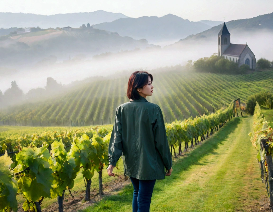 *Woman in a beautiful landscape 8K highest quality, Beautiful 36-year-old Korean woman, Chest size 34 inches, Passing through the vineyards in the Swiss countryside, the cathedral is visible through the early morning fog., The back background is realistic and vivid image quality, short medium hair, Casual and British - (summer jacket) ,Perfect and realistic photos, The background is realistic. Full body shot with Canon camera 16-35 wide angle lens, expressionless, Walking up a vineyard hill covered in thick fog., Walking towards the front camera