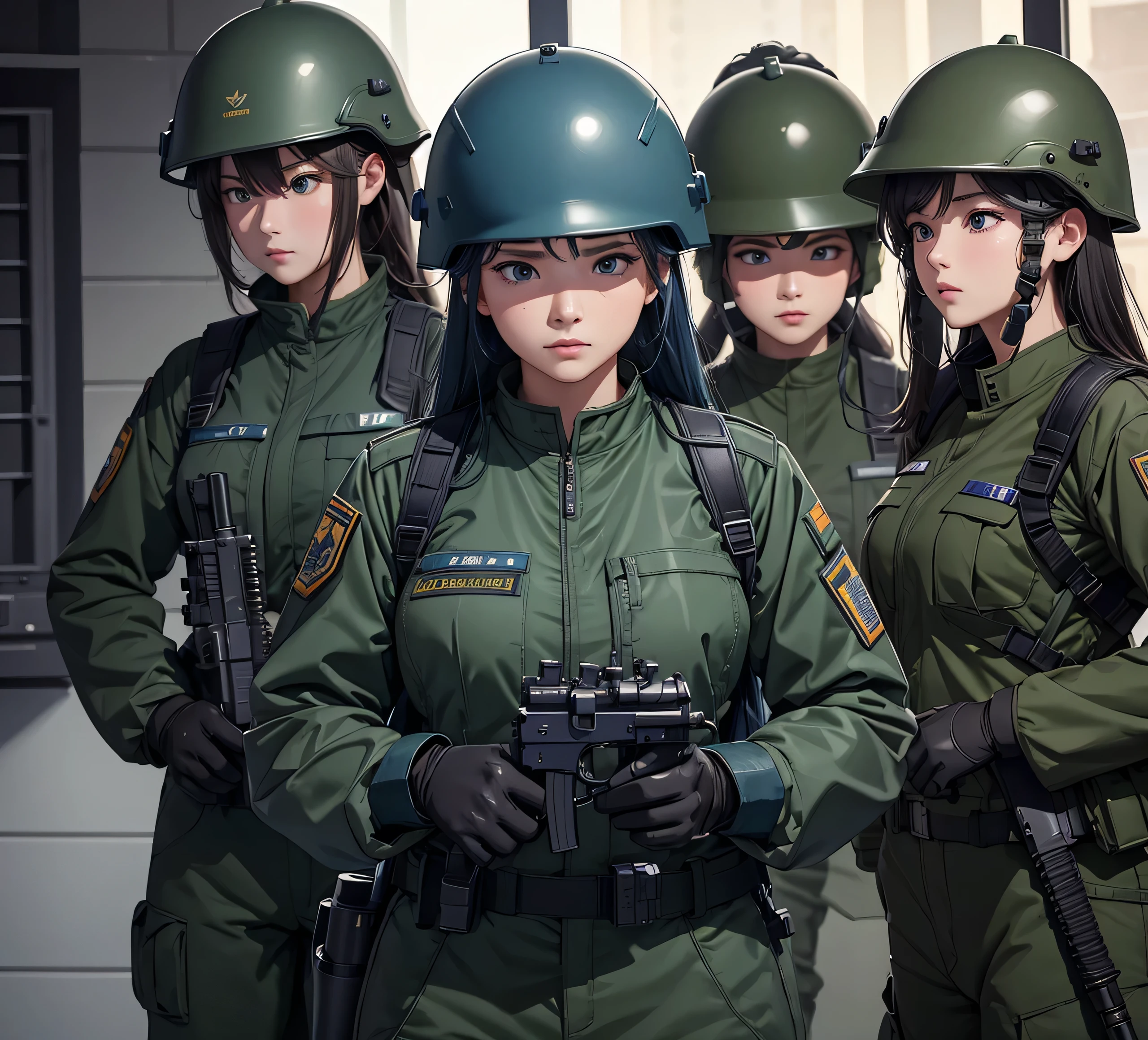 A group of female soldiers wearing all Deep blue-green military uniforms,Full helmet、Military Pants、Individual equipment set、Alert with guns,Write details、masterpiece、best quality、Highly detailed CG、8K picture quality