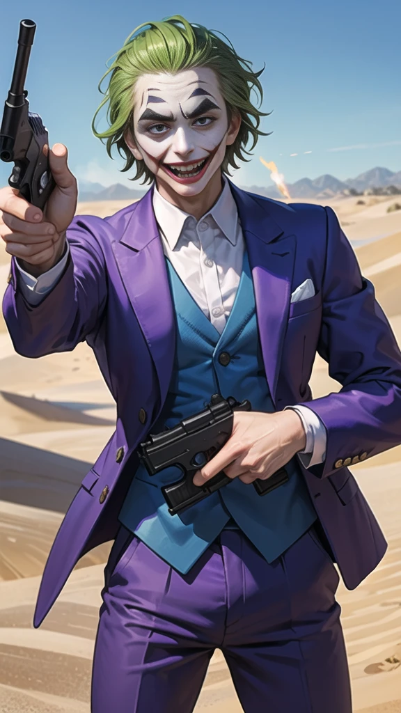 Masterpiece, best quality, The Joker wears a purple suit., , look at viewer, Aim the gun., ถือpistol, look at viewer, stand, , ((pistol)),((Aim the gun.ไปที่ผู้ชม)),gun possession, desert, Laugh and laugh ,explosion from gun