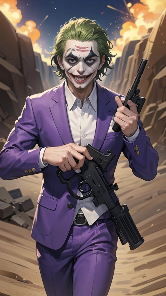 Masterpiece, best quality, The Joker wears a purple suit., , look at viewer, Aim the gun., ถือpistol, look at viewer, stand, , ((pistol)),((Aim the gun.ไปที่ผู้ชม)),gun possession, desert, Laugh and laugh ,explosion from gun