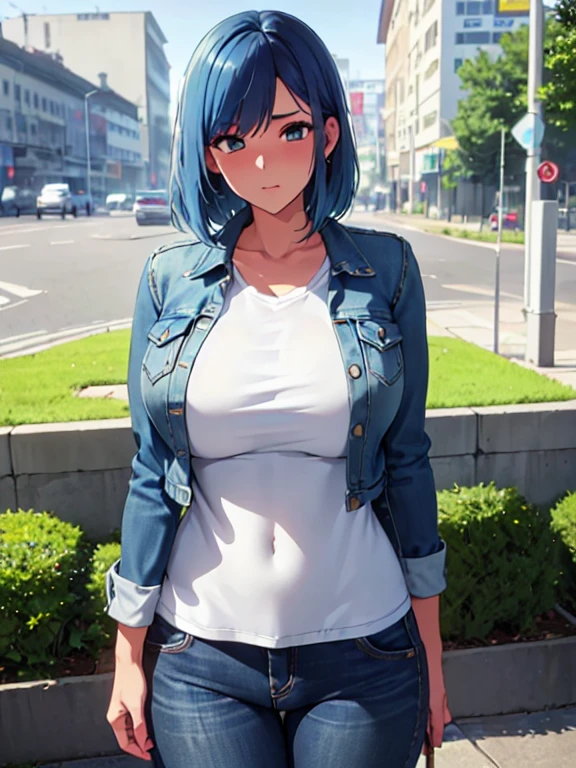 denim jacket,white pants,((masterpiece, highest quality, High resolution, Hyper HD, Pixel perfect, Depth of written boundary, 4k, RTX, HDR))), blue hair, embarrassed, huge Breasts, Perfect body,,,facing viewer,