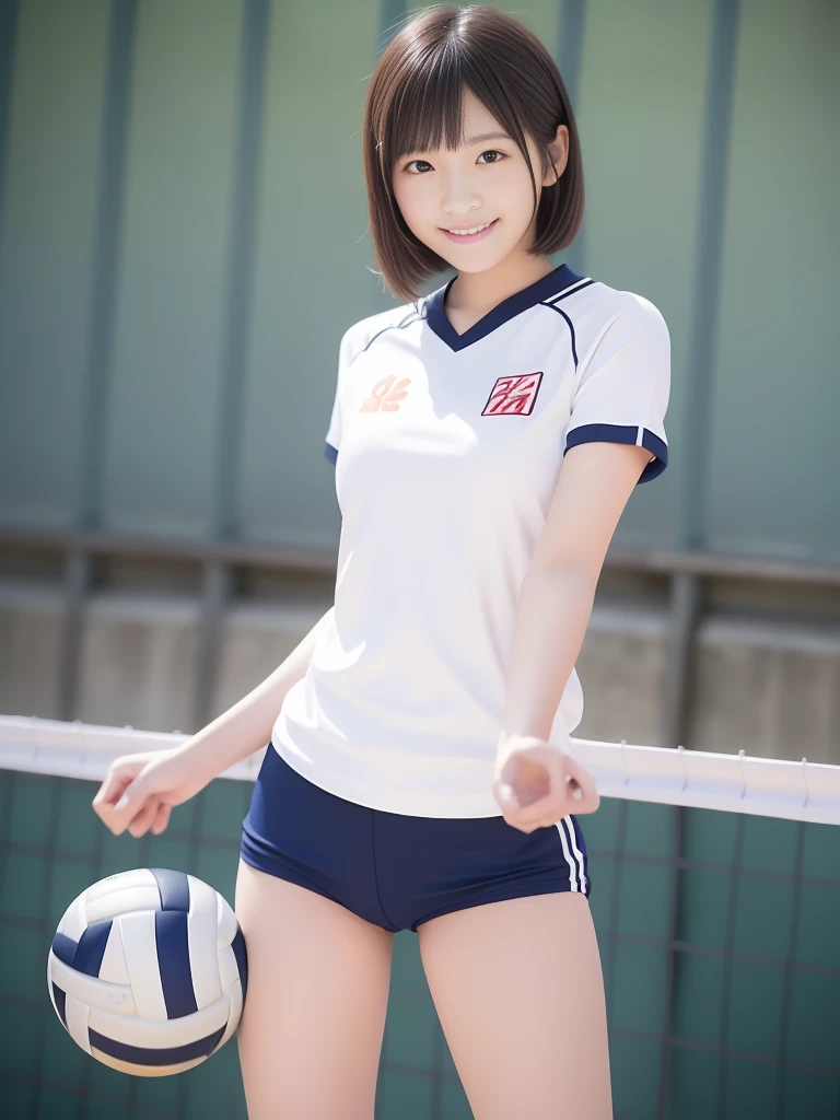Glossy thighs、(8K、top-quality、masterpiece:1.2)、(realisitic、Photorealsitic:1.37)、ultra-detailliert、top-quality、超A high resolution、professionally lit、Photon mapping、Radio City、physically-based renderingt、Cinematic lighting、depth of fields,Focusing,Sun'rays,Good composition,,(((1 girl of 12 years))),Double eyes、(((white Volleyball uniform 、Dark blue high-leg low-rise bloomers)))、Gymnasium、A big smile、Gymnasium Court, (Tween model, 12 year old girl, young)), Ethereal beautiful, slim, very beautiful short hair,Colossal tits、 Toned abs, short cut hair、Soft light, ((David Hamilton Style)),