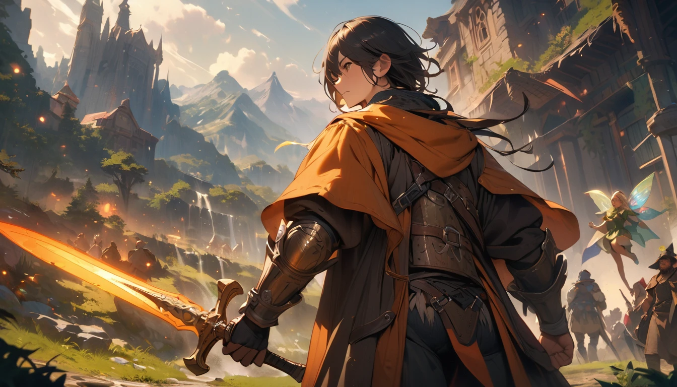 (masterpiece:1.4), (Highest quality:1.4), Very detailed, Complex, Very detailed, shape,Soft lighting, Scenic, Brandishing a Sword, A face full of fighting spirit, Spirit, More than one person, Mixed gender, a group of adventurers, character from RPG games, (character: human, Fairy, Fairy, Dwarf, The Hobbit), (exterior: Swordsman Style, Shaman Style, Monk Style, Magician style), (belongings: Long sword, dagger, Holy Staff, Magic wand, shield, metal armor, Leather Armor), Perfectly accurate anatomical shape、All limbs intact、Perfect full finger, Colorful characters, A landscape colored in earth tones, Huge, Majestic, Fighting Hero, Uplifting expressions, Serious face.