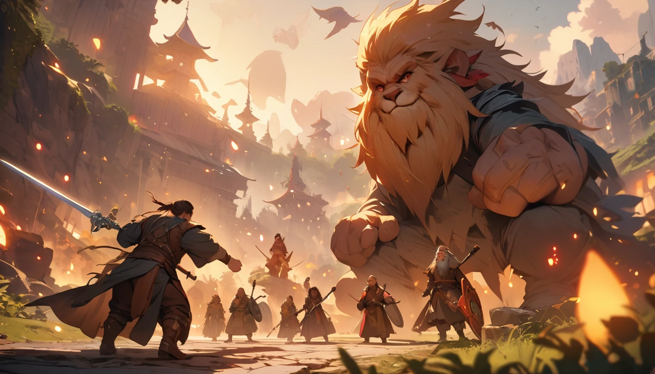 (masterpiece:1.4), (Highest quality:1.4), Very detailed, Complex, Very detailed, shape,Soft lighting, Scenic, Brandishing a Sword, A face full of fighting spirit, Spirit, More than one person, Mixed gender, a group of adventurers, character from RPG games, (character: human, Fairy, Fairy, Dwarf, The Hobbit), (exterior: Swordsman Style, Shaman Style, Monk Style, Magician style), (belongings: Long sword, dagger, Holy Staff, Magic wand, shield, metal armor, Leather Armor), Perfectly accurate anatomical shape、All limbs intact、Perfect full finger, Colorful characters, A landscape colored in earth tones, Huge, Majestic, Fighting Hero, Uplifting expressions, Serious face.