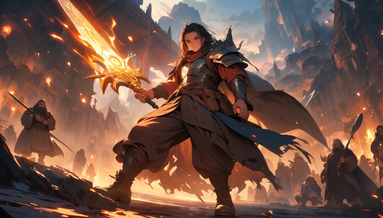 (masterpiece:1.4), (Highest quality:1.4), Very detailed, Complex, Very detailed, shape,Soft lighting, Scenic, Brandishing a Sword, A face full of fighting spirit, Spirit, More than one person, Mixed gender, a group of adventurers, character from RPG games, (character: human, Fairy, Fairy, Dwarf, The Hobbit), (exterior: Swordsman Style, Shaman Style, Monk Style, Magician style), (belongings: Long sword, dagger, Holy Staff, Magic wand, shield, metal armor, Leather Armor), Perfectly accurate anatomical shape、All limbs intact、Perfect full finger, Colorful characters, A landscape colored in earth tones, Huge, Majestic, Fighting Hero, Uplifting expressions, Serious face.
