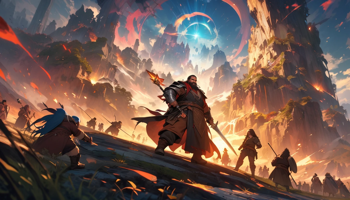 (masterpiece:1.4), (Highest quality:1.4), Very detailed, Complex, Very detailed, shape,Soft lighting, Scenic, Brandishing a Sword, A face full of fighting spirit, Spirit, More than one person, Mixed gender, a group of adventurers, character from RPG games, (character: human, Fairy, Fairy, Dwarf, The Hobbit), (exterior: Swordsman Style, Shaman Style, Monk Style, Magician style), (belongings: Long sword, dagger, Holy Staff, Magic wand, shield, metal armor, Leather Armor), Perfectly accurate anatomical shape、All limbs intact、Perfect full finger, Colorful characters, A landscape colored in earth tones, Huge, Majestic, Fighting Hero, Uplifting expressions, Serious face.