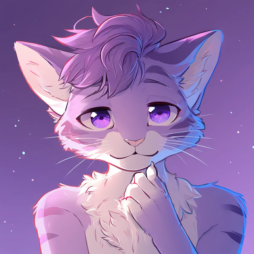 adult, feline, mammal, anthro, anthropomorphic, cat, striped, fur, striped_feline, fur, male, light_purple_fur, purple_hair, fluffy, white_chest, shy, small_pupils, digital_art, high_resolution, high_res, detailed, hand-drawn, pencil_lines, head_visible, background, neck_visible, seductive_face, detailed_line_work, profile_picture, head_visible, neptune_background, purple_background, cute, white, posing, paw_fingers, individual_fingers, finger_paws, dreaming_pose, headshot, head_only, small_pupils, seductive_face, tufts, paws, chest, glossy_fur, vibrant_colors, expressive_eyes, elegant_pose, high_quality, looking_at_viewer, day_dreaming_expression, thoughtful_pose, relaxed_hand_pose
