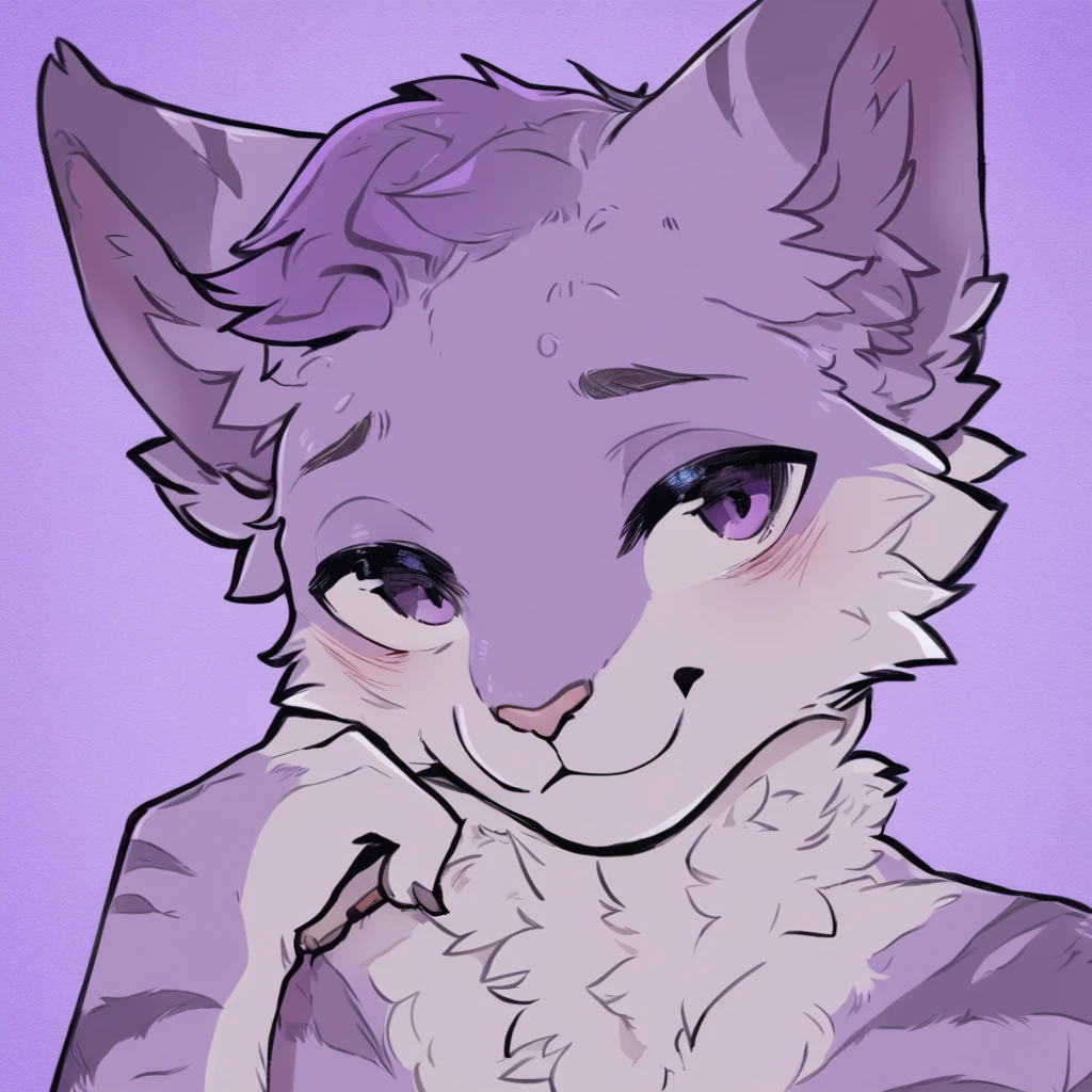 adult, feline, mammal, anthro, anthropomorphic, cat, striped, fur, striped_feline, fur, male, light_purple_fur, purple_hair, fluffy, white_chest, shy, small_pupils, digital_art, high_resolution, high_res, detailed, hand-drawn, pencil_lines, head_visible, background, neck_visible, seductive_face, detailed_line_work, profile_picture, head_visible, neptune_background, purple_background, cute, white, posing, paw_fingers, individual_fingers, finger_paws, dreaming_pose, headshot, head_only, small_pupils, seductive_face, tufts, paws, chest, glossy_fur, vibrant_colors, expressive_eyes, elegant_pose, high_quality, looking_at_viewer, day_dreaming_expression, thoughtful_pose, relaxed_hand_pose