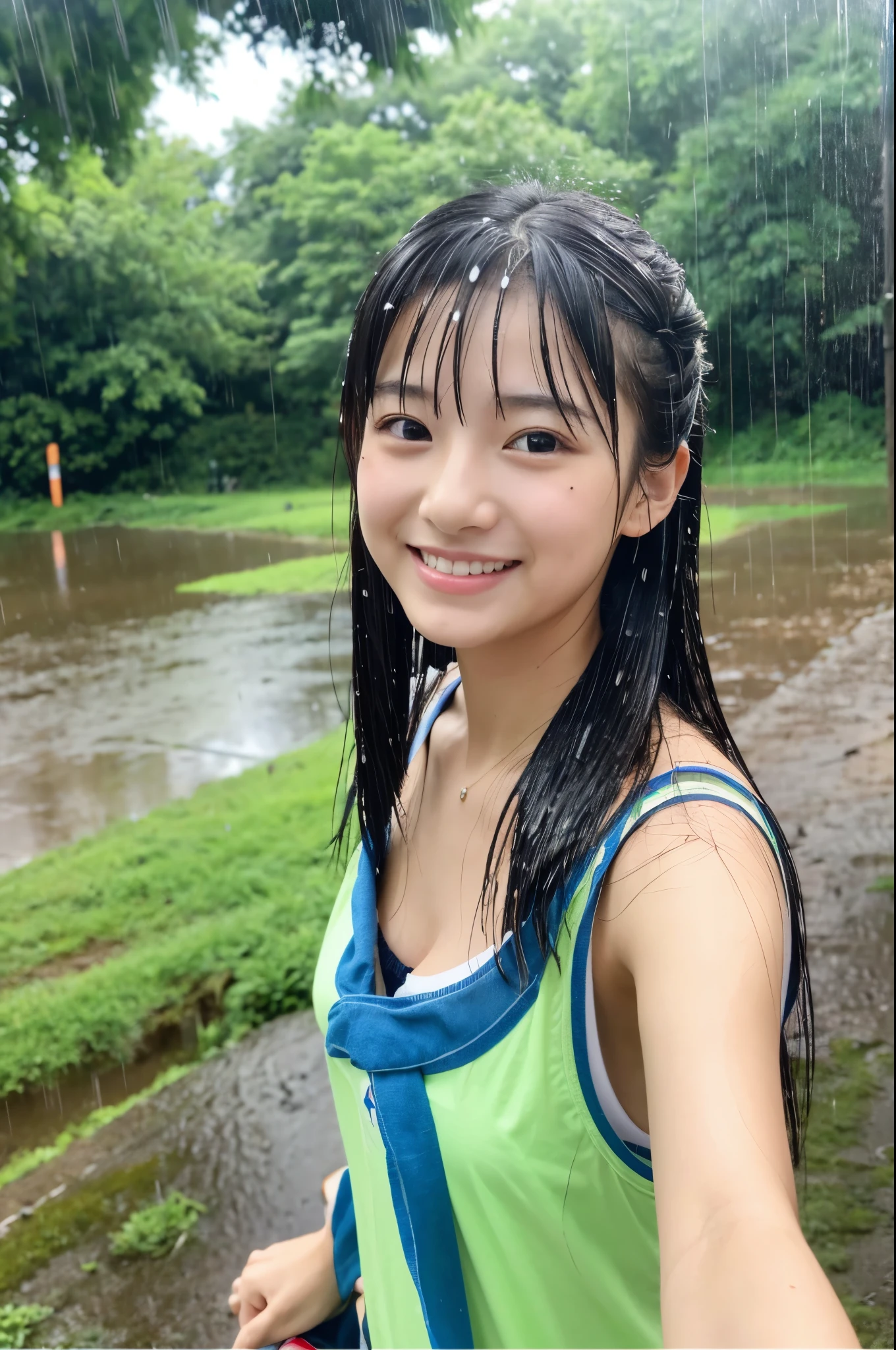 cute, She looks as young as a 15-year-old idol.、cute20歳の日本人少女、Smiling Kindly、Cleavage、Heavy rain at the campsite、((She is soaked in the rain))、whole body、RAW Photos、Genuine、Genuine、Genuineスティック、RAW Photos、High resolution、Life、No copyright notice
