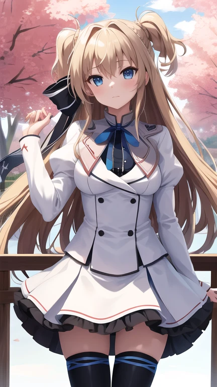 masterpiece, best quality, highres, 1girl, solo, long hair, blonde hair, two side up, (hair ribbon:1.1), blue eyes, neck ribbon, , white jacket, juliet sleeves, long sleeves, white skirt, thigh ribbon, black thighhighs, outdoors, cowboy shot, standing,