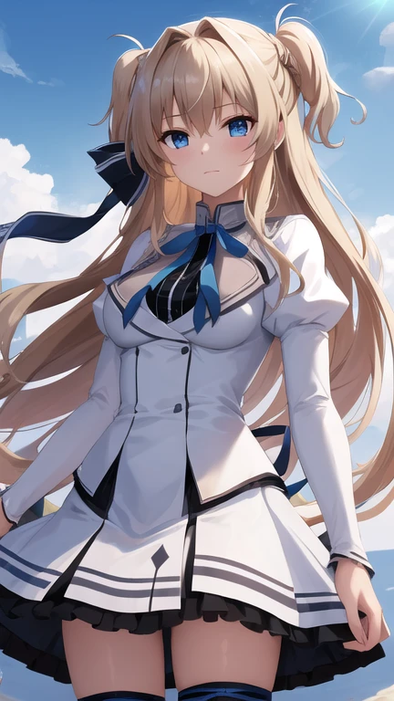 masterpiece, best quality, highres, 1girl, solo, long hair, blonde hair, two side up, (hair ribbon:1.1), blue eyes, neck ribbon, , white jacket, juliet sleeves, long sleeves, white skirt, thigh ribbon, black thighhighs, outdoors, cowboy shot, standing,