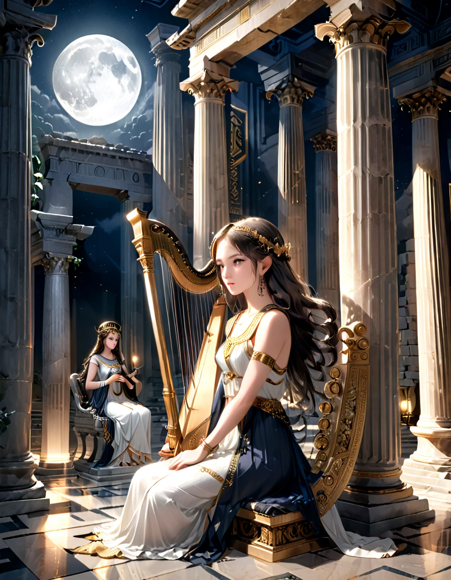 a young priestess, sitting, she places a harp larger than herself in front of him and plays it, playing a large lyre, ancient Greek temple, late at night, inside the temple it is (dark:1.3) and there is (no lighting:1.2), the moonlight shines in at an angle, shining a faint light on her., highly detailed, photorealistic, realistic lighting, intricate architecture, ornate decorations, cool color palette, golden accents, soft fabric textures, mesmerizing expression, elegant pose, cinematic composition, natural lighting, realistic shadows, mystical atmosphere, hyperrealistic, award-winning art