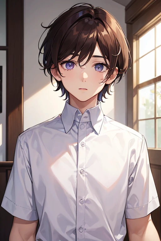 Boy with brown hair and white highlights, lilac eyes white skin 