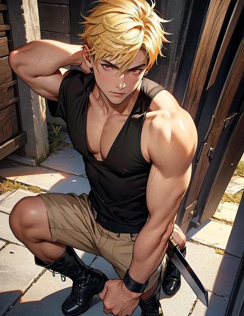 Well-made face high quality resolution 8k view of the face perfect perfect body beautiful handsome Galician boy with red eyes short hair view of the whole body with a black shirt medieval clothes and leather boots sword blonde hair yellow hair misa open tank top sample chest red eye