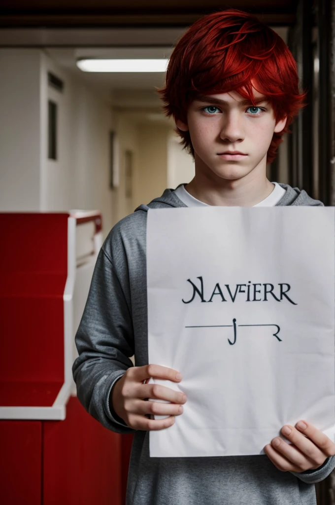 A white-skinned ager,with crimson hair and red eyes With a serious and cold look Wearing loose clothing Holding a paper in his hands that says "Javier"