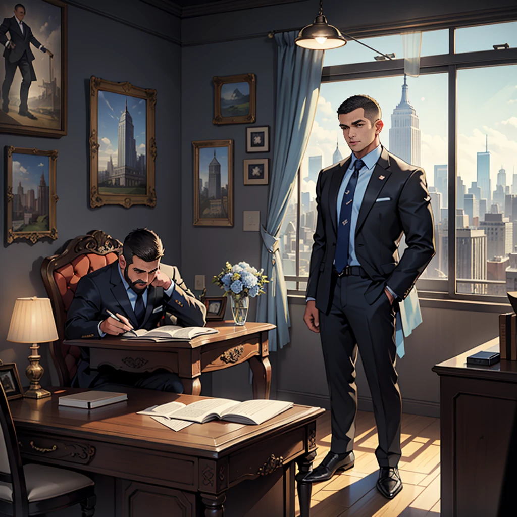 best qualityer, work of art, high resolution, standing alone, standing alone focus, ung boy, (mature football club president), body hair, (body hair castanho, crew cut), black eyes, soccer ball, American, (president suit, necktie), seated in a chair, DESK, tabletop, notebook, Football Cup, Empire State Building fora da janela, puzzling, in the background curtains, blue and white
