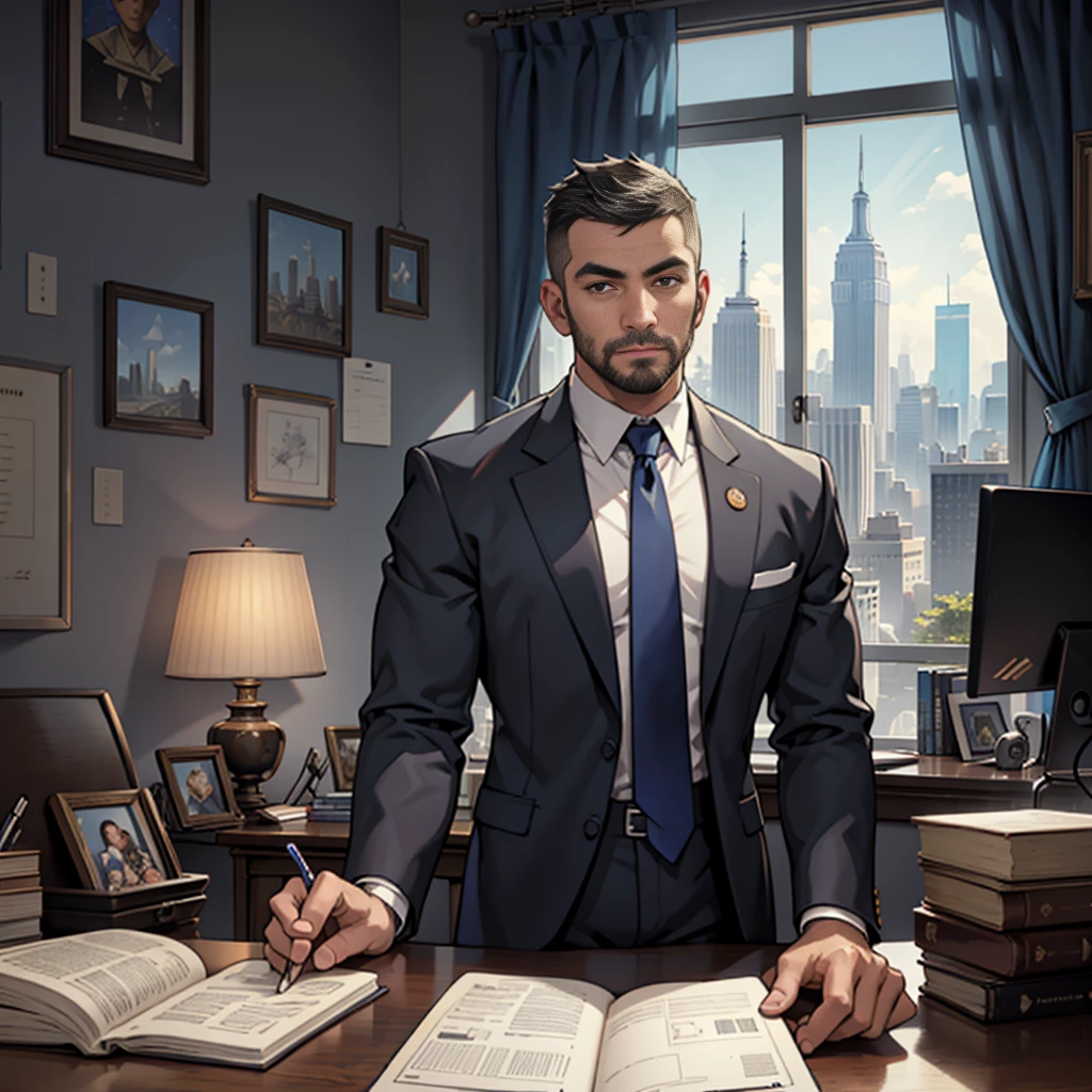 best qualityer, work of art, high resolution, standing alone, standing alone focus, 1 young boy, (mature football club president), body hair, (body hair castanho, crew cut), black eyes, soccer ball, American, (president suit, necktie), seated in a chair, DESK, tabletop, notebook, Football Cup, Empire State Building fora da janela, puzzling, in the background curtains, blue and white