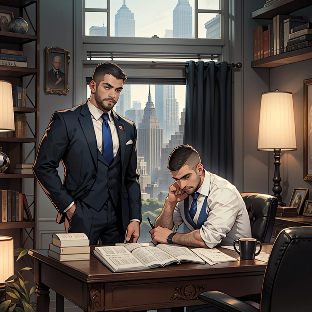 best qualityer, work of art, high resolution, standing alone, standing alone focus, 1 young boy, (mature football club president), body hair, (body hair castanho, crew cut), black eyes, soccer ball, American, (president suit, necktie), seated in a chair, DESK, tabletop, notebook, Football Cup, Empire State Building fora da janela, puzzling, in the background curtains, blue and white
