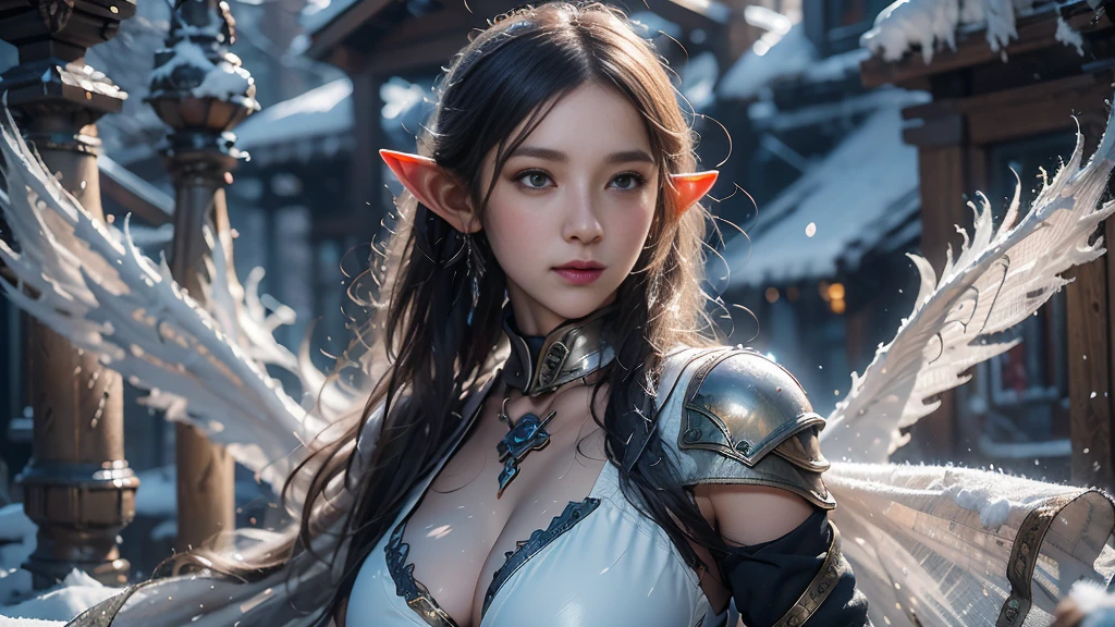 Close-up of woman in openwork armor, Armor Girl, 2. 5D CGI anime fantasy artwork, Large Breasts,Epic fantasy digital art style, detailed Digital 2D fantasy art, Digital 2D fantasy art, original photo, (best quality:1.3), high resolution, (masterpiece), (lifelike:1.4), Professional photography, Clear focus, High Dynamic Range, 8k resolution, Intricate details, Fine details, Depth of Field, Extremely detailed CG unified 8k wallpaper, masterpiece,poster,best quality,Official Art,(Beauty and aesthetics:1.2),(masterpiece:1.3),Female Elf,individual,Light Leather Armor,complex pattern,snow,castle,Medium distance photography,(early morning),dramatic,Glowing Wings,