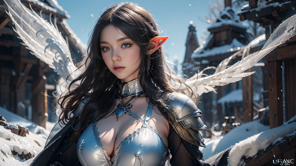 Close-up of woman in openwork armor, Armor Girl, 2. 5D CGI anime fantasy artwork, Large Breasts,Epic fantasy digital art style, detailed Digital 2D fantasy art, Digital 2D fantasy art, original photo, (best quality:1.3), high resolution, (masterpiece), (lifelike:1.4), Professional photography, Clear focus, High Dynamic Range, 8k resolution, Intricate details, Fine details, Depth of Field, Extremely detailed CG unified 8k wallpaper, masterpiece,poster,best quality,Official Art,(Beauty and aesthetics:1.2),(masterpiece:1.3),Female Elf,individual,Light Leather Armor,complex pattern,snow,castle,Medium distance photography,(early morning),dramatic,Glowing Wings,