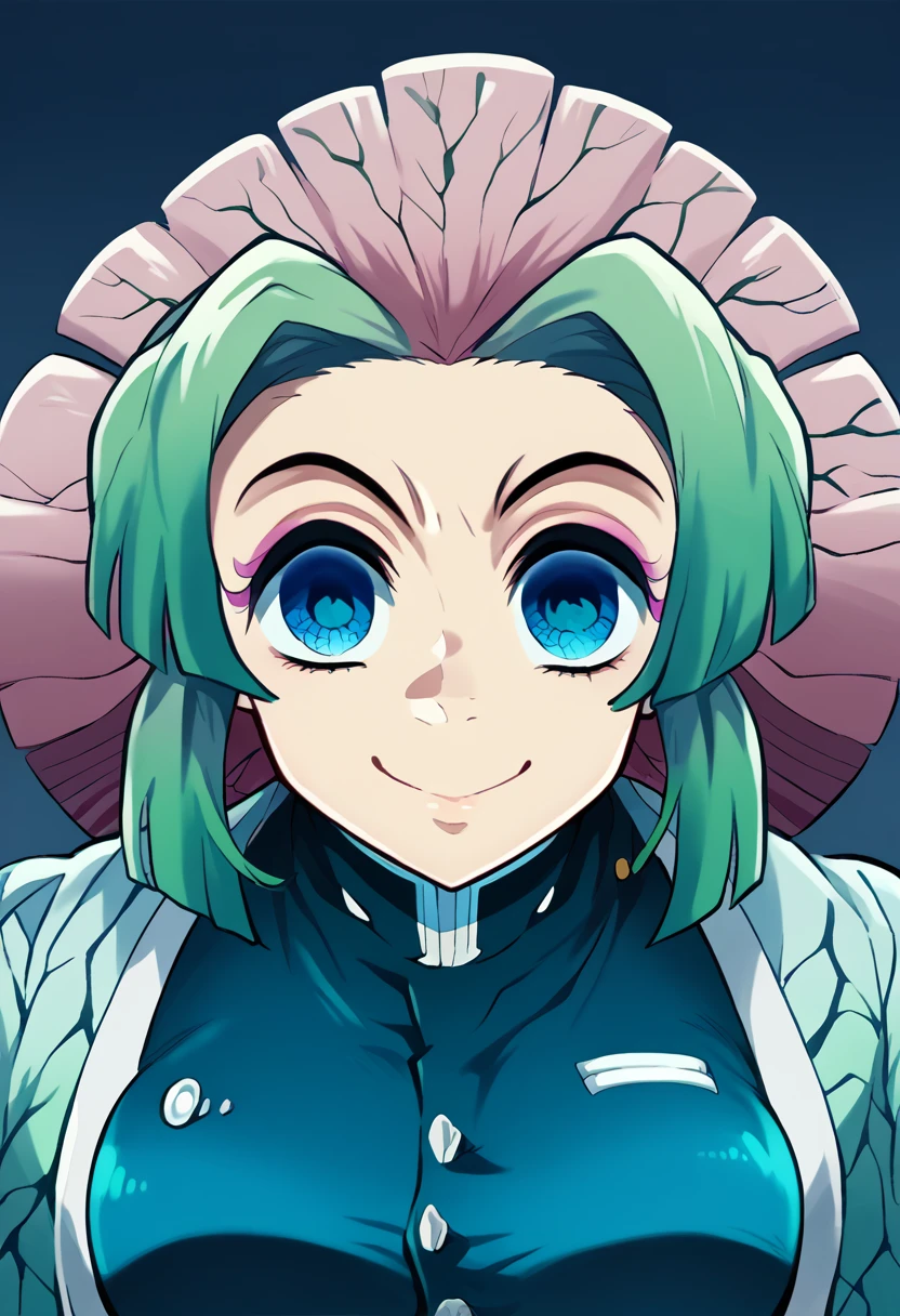 Kimetsu no Yaiba, polished and smooth skin, extremely thin chin, Body cute, angle from above, look smile, big, round blue eyes, hair blue.