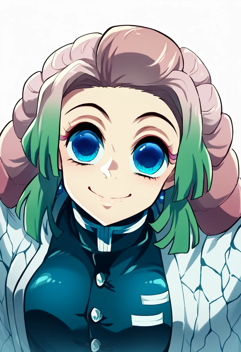 Kimetsu no Yaiba, polished and smooth skin, extremely thin chin, Body cute, angle from above, look smile, big, round blue eyes, hair blue.