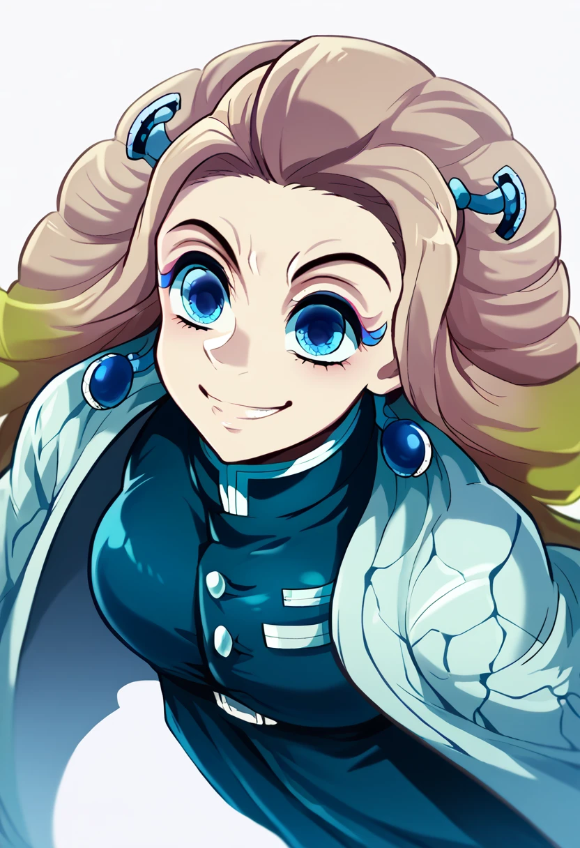 Kimetsu no Yaiba, polished and smooth skin, extremely thin chin, Body cute, angle from above, look smile, big, round blue eyes, hair blue.
