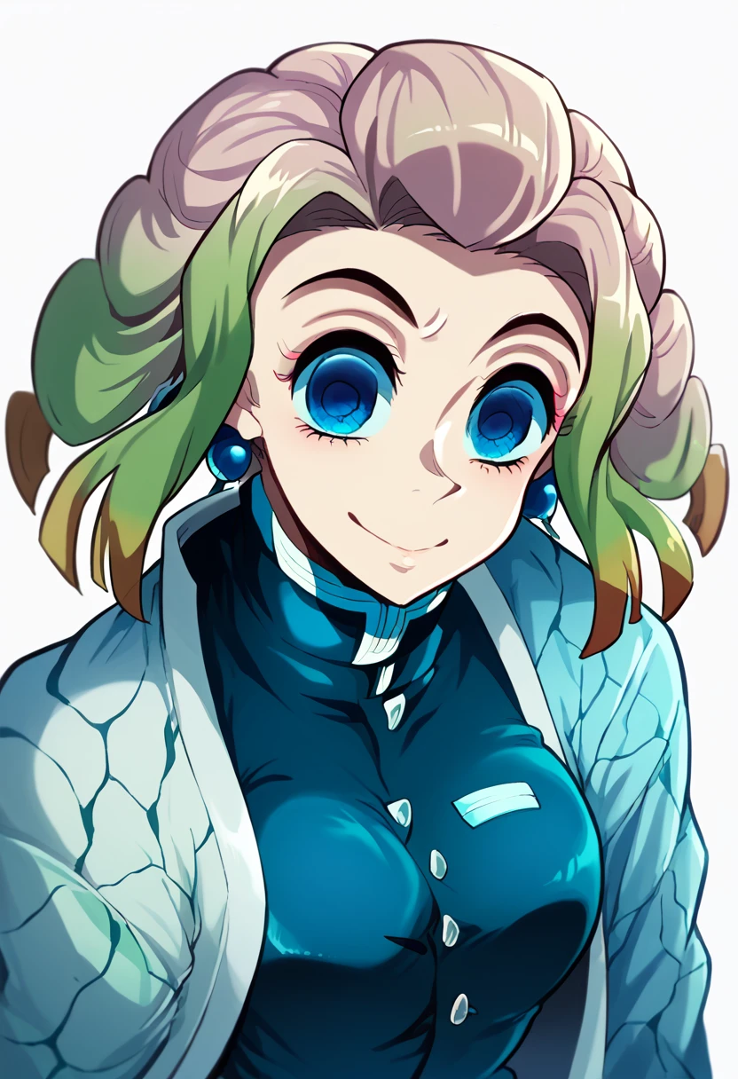 Kimetsu no Yaiba, polished and smooth skin, extremely thin chin, Body cute, angle from above, look smile, big, round blue eyes, hair blue.