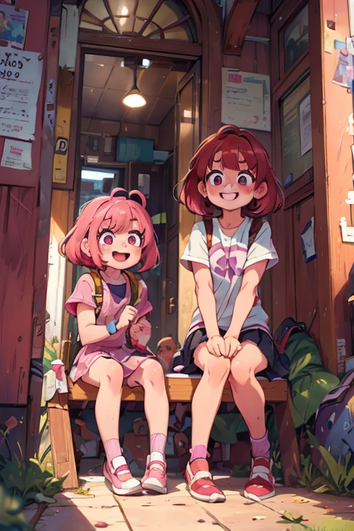 Two girls. Perfect faces. Perfect hands. A pink haired girl with violet eyes wearing a is sitting in the halls of a school with a big smile and with a copper haired girl with copper eyes in a  with a big smile
