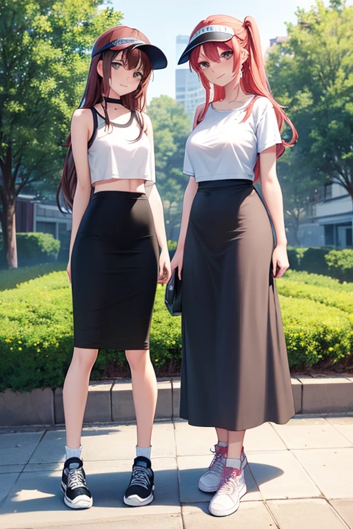 best quality, 2girl, two women walking together, wearing t-shirt and crop top, black midi pencil skirt, long skirt, sneakers, socks, outdoors, garden, summer, long hair, looking at viewer, full body, smile, blush, visor