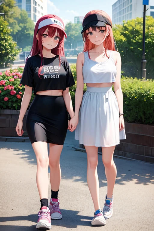 best quality, 2girl, two women walking together, wearing t-shirt and crop top, black midi pencil skirt, long skirt, sneakers, socks, outdoors, garden, summer, long hair, looking at viewer, full body, smile, blush, visor