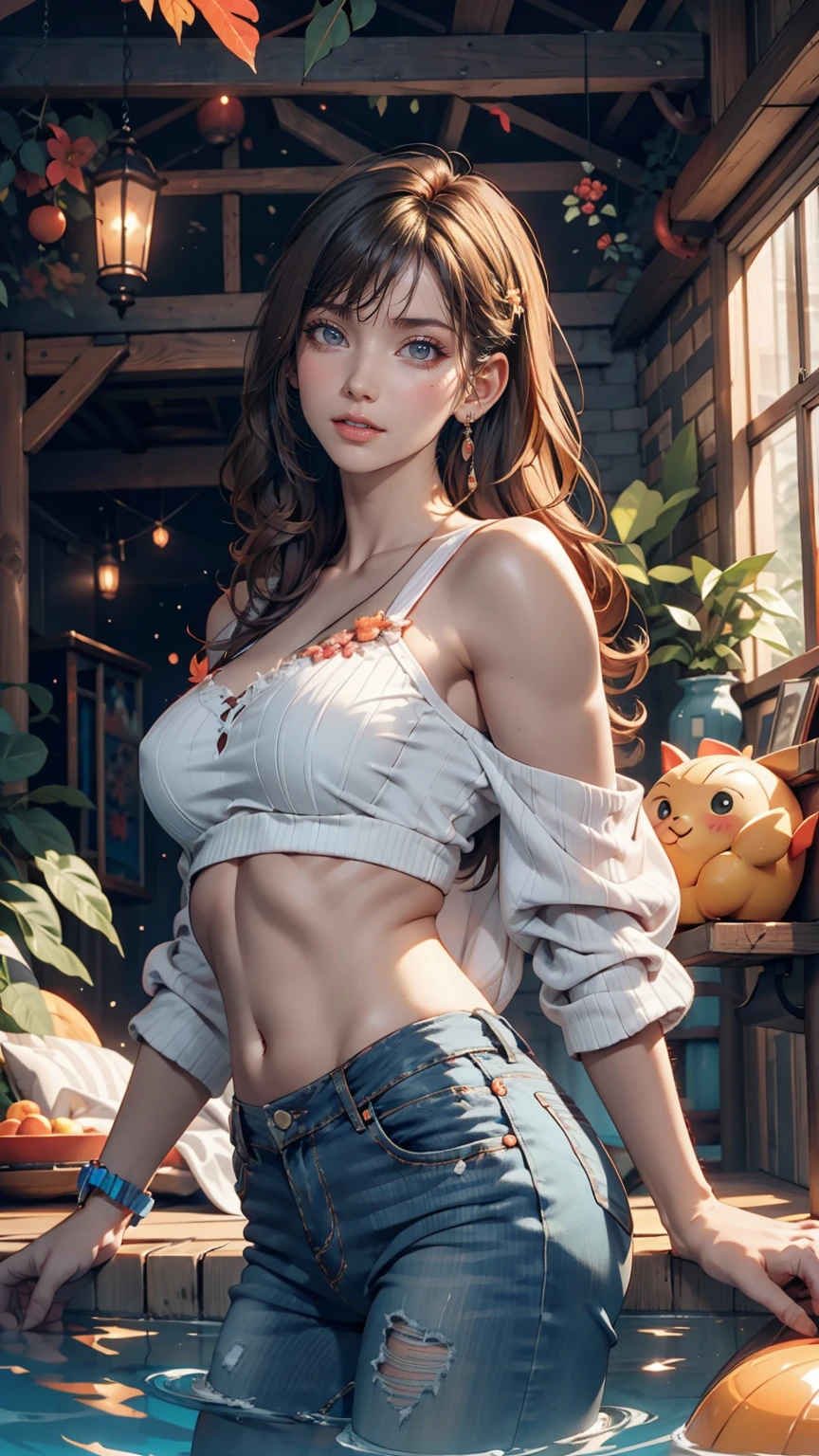 color (Fantasy: 1.2), (hayao miyazaki style), (Irregular Buildings Floating Under the Sea), Patchwork Cottage, Moss decoration, Coral, Light, Concept art inspired by Andreas Rocha, Artstation Contest Winner, Fantasy art, (an underwater city), Ross Tran, Lightシャフト, Realistic lighting, masterpiece, high quality, Beautiful graphics, High detail, masterpiece, high quality, Beautiful graphics, High detail, --v6、24-year-old female、Bleached Hair, Model pose, Delicate skin types, Light curly hair、Hair model photo、Twin tails、Orange gradient color、Scrunchies on the wrist、Sexy proportions、Off-the-shoulder tops、Navel visible、Skinny jeans、short boots