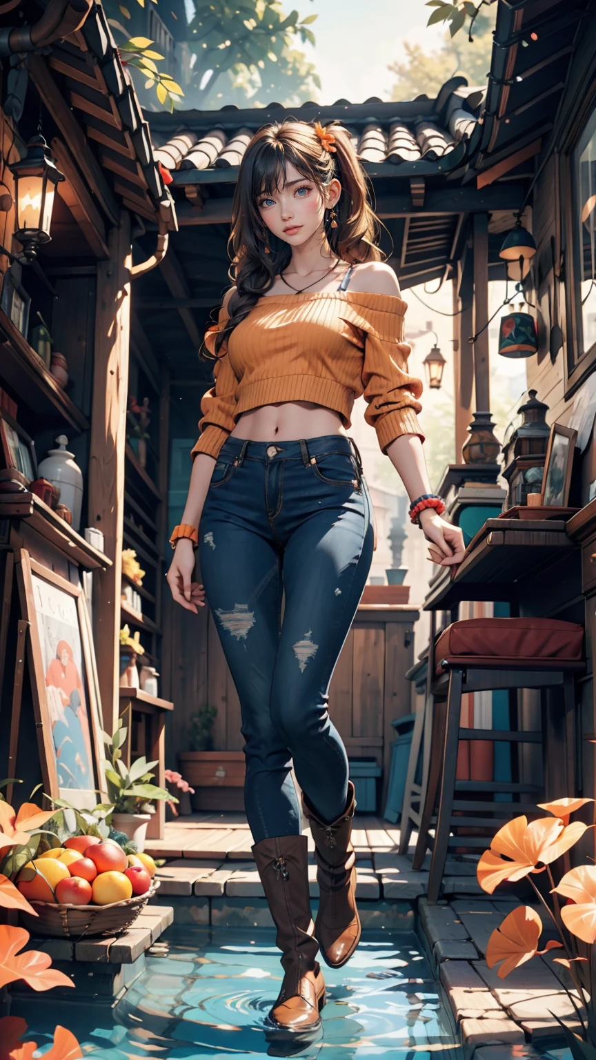 color (Fantasy: 1.2), (hayao miyazaki style), (Irregular Buildings Floating Under the Sea), Patchwork Cottage, Moss decoration, Coral, Light, Concept art inspired by Andreas Rocha, Artstation Contest Winner, Fantasy art, (an underwater city), Ross Tran, Lightシャフト, Realistic lighting, masterpiece, high quality, Beautiful graphics, High detail, masterpiece, high quality, Beautiful graphics, High detail, --v6、24-year-old female、Bleached Hair, Model pose, Delicate skin types, Light curly hair、Hair model photo、Twin tails、Orange gradient color、Scrunchies on the wrist、Sexy proportions、Off-the-shoulder tops、Navel visible、Skinny jeans、short boots